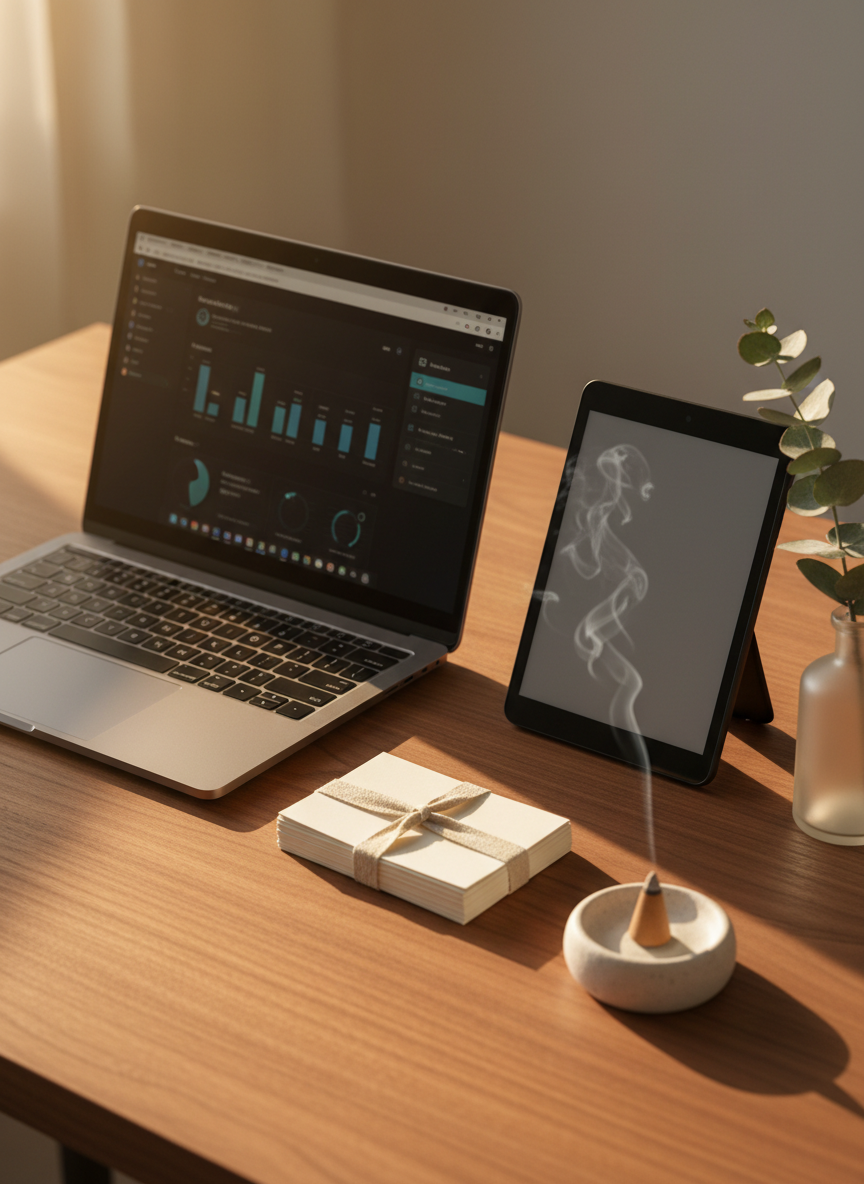 An open ultralight laptop displaying a minimalist analytics dashboard glows faintly on a smooth walnut table, flanked by a slim e-ink tablet and a neatly stacked pile of cream-colored index cards bound with a linen ribbon. A ceramic incense holder with a faint wisp of smoke sits at the corner, alongside a single sprig of eucalyptus in a frosted glass bottle. Late-afternoon natural light enters from the left, creating a warm gradient across the table and soft reflections on the screens. Photographic realism, composed using the rule of thirds from a slightly elevated angle, evoking slow living, intentional work, and clarity in digital business planning.