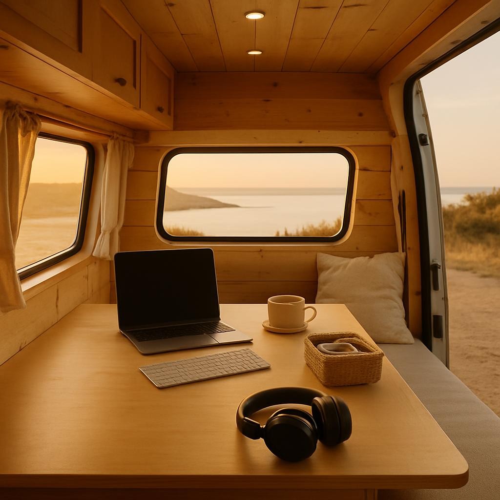 A compact, converted camper van interior viewed from the back doors, entirely empty of people, featuring a built-in birch-wood desk with a closed laptop, a slim wireless keyboard, and noise-cancelling headphones resting on a linen cushion. A small ceramic cup of herbal tea sits on a cork coaster beside a woven basket of neatly coiled charging cables. Golden hour light streams through the side window and open doors, revealing a distant, softly focused coastline. Photographic realism with warm, gentle lighting, captured from a centered, eye-level perspective, emphasizing freedom, mobility, and the calm of working from anywhere without clutter or chaos.